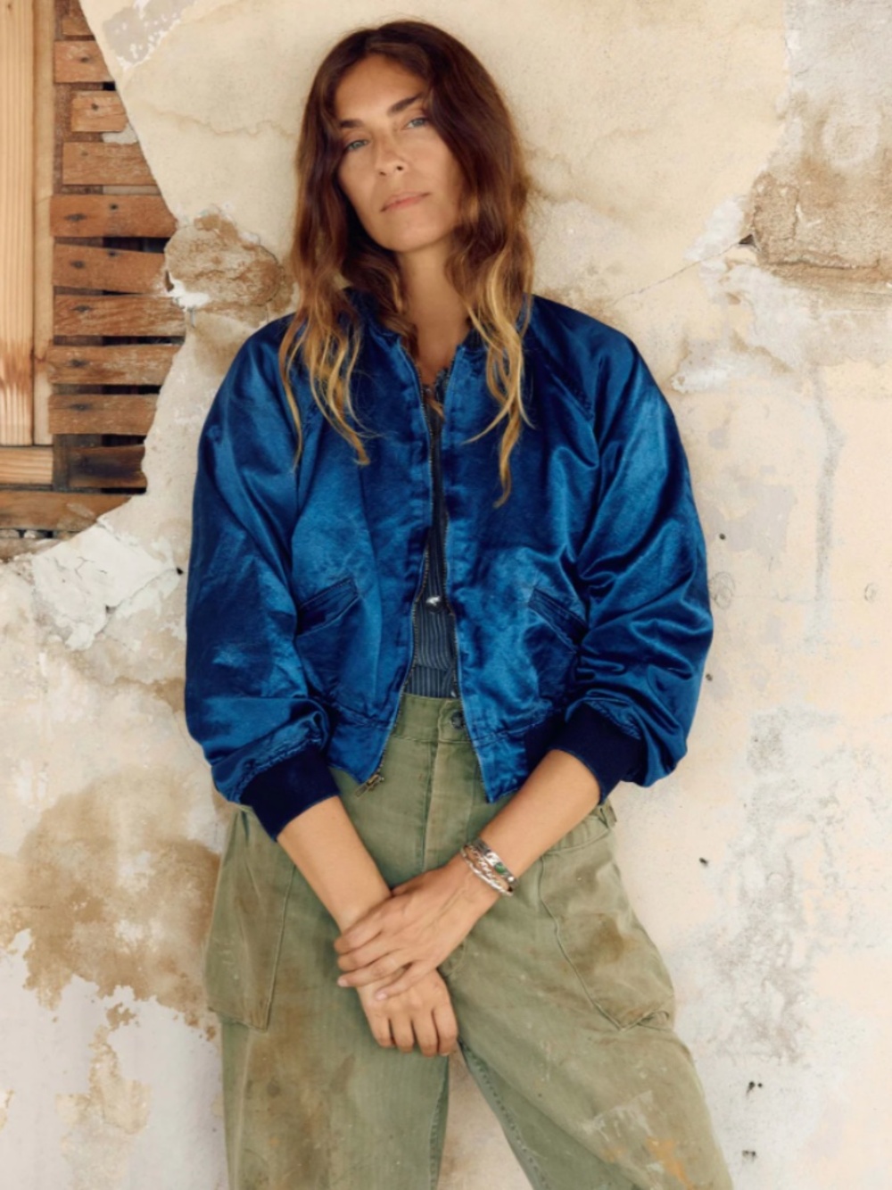 Imogene + Willie Shelbyville Indigo Satin Jacket Cropped Bomber